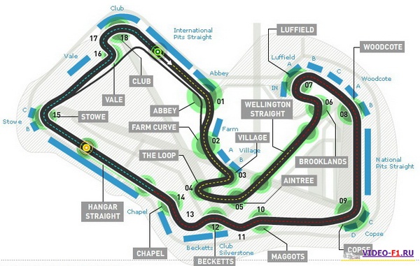 Конфигурация трассы Формулы-1 гран-при Великобритания 2012 года - немного уменьшена протяженность гонки